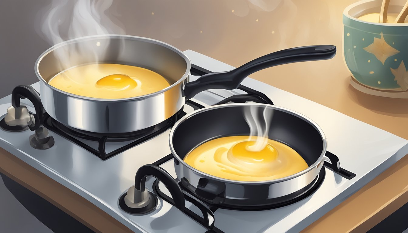 A small saucepan simmers on a stovetop, with a creamy custard mixture being carefully heated and stirred. A sprinkle of sugar is being caramelized on top with a kitchen torch