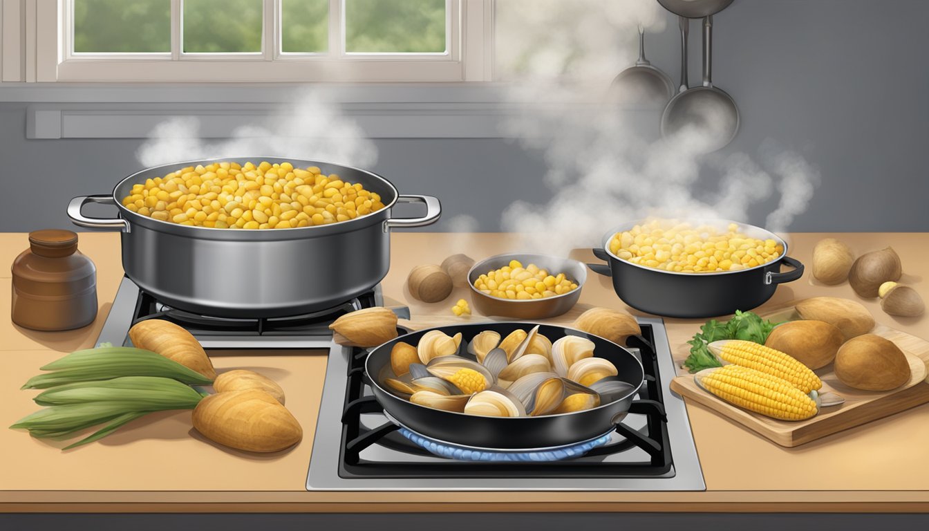 A stovetop clambake: a large pot on a gas stove, steam rising, with corn, potatoes, and clams cooking inside