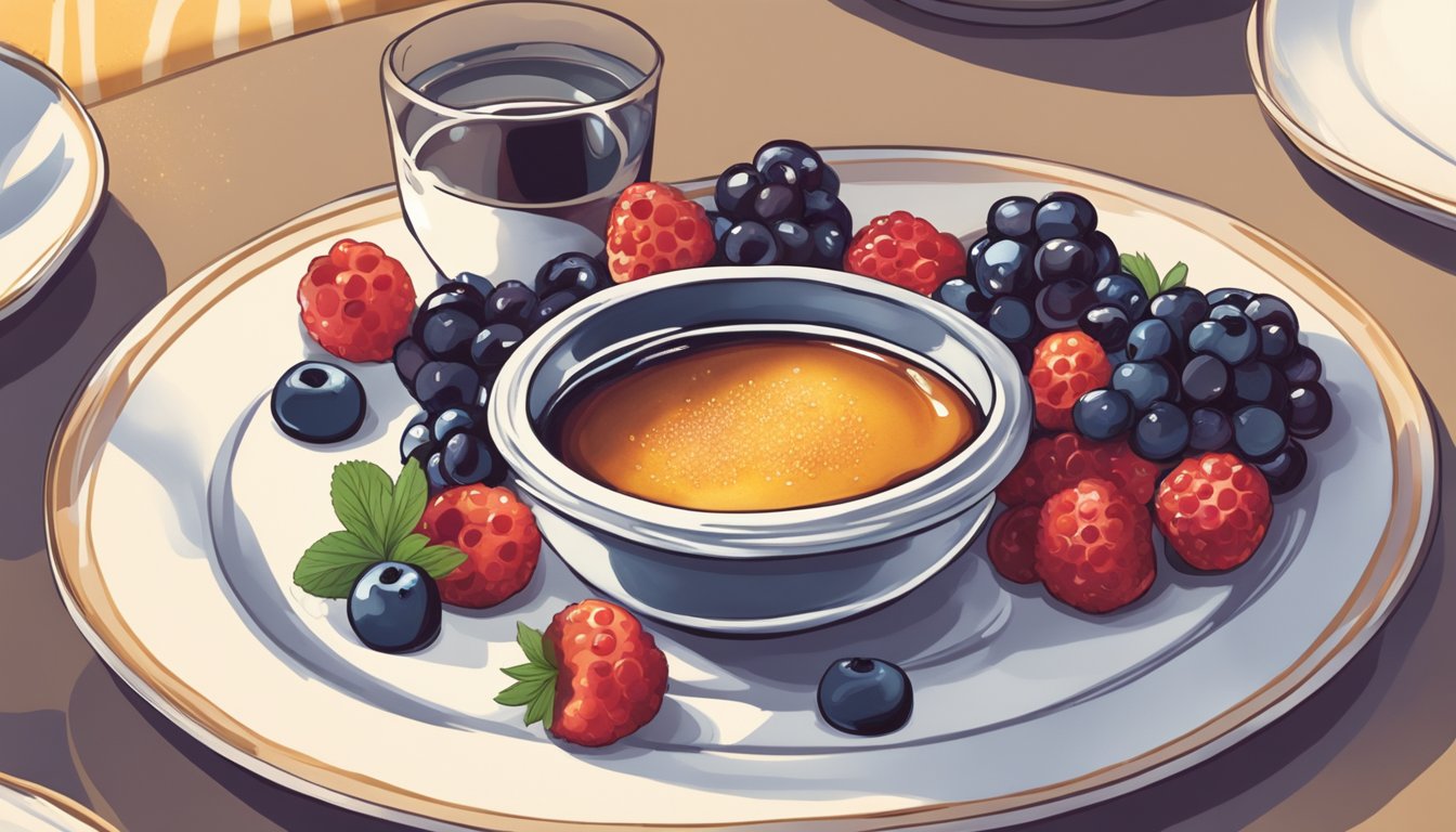 A stovetop crème brûlée being served on a decorative plate with a caramelized sugar topping and a garnish of fresh berries