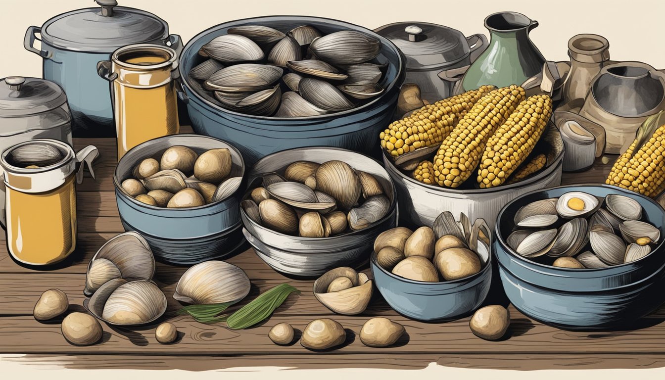 A hand reaches for fresh clams, corn, and potatoes on a rustic wooden table, surrounded by pots and pans for a stovetop clambake