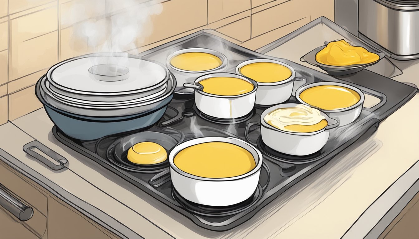 A kitchen counter with a tray of ramekins filled with creamy custard, a bowl of sugar, and a kitchen torch nearby