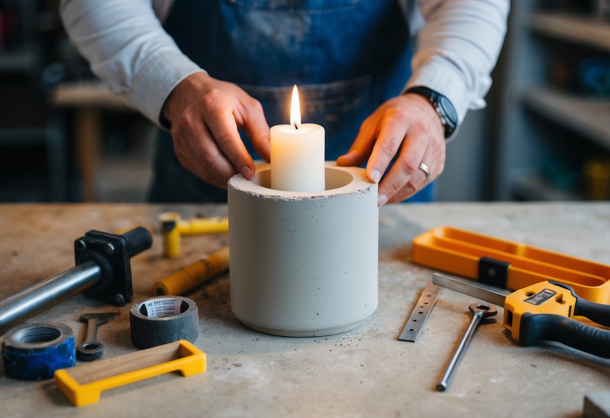 Ein Betonkerzenhalter, der mit Werkzeugen und Materialien für ein DIY-Projekt hergestellt wird.