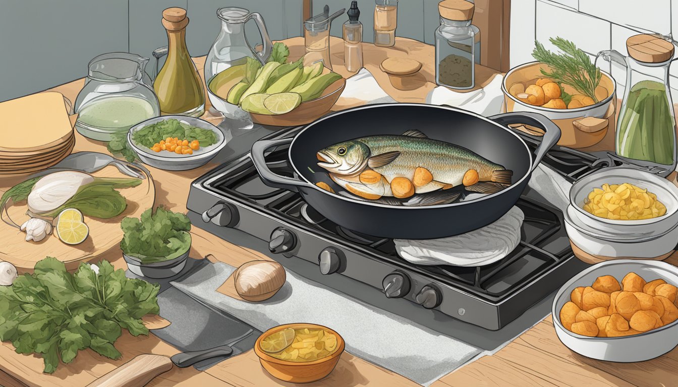 A skillet sits on a stovetop, containing a whole fish being roasted. Surrounding the skillet are various essential ingredients and potential substitutions for the recipe