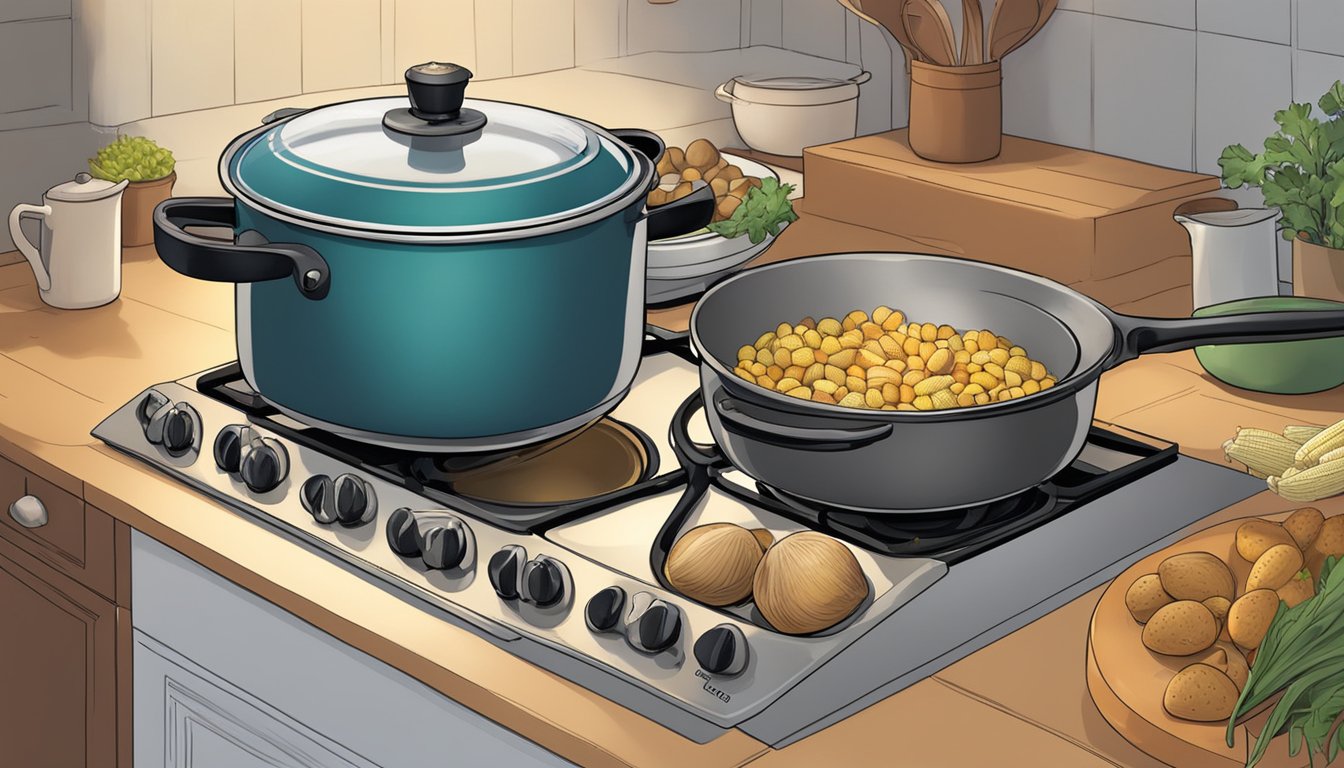 A large pot sits on a stovetop, steam rising as clams, corn, and potatoes cook inside. A lid partially covers the pot, and a wooden spoon rests nearby