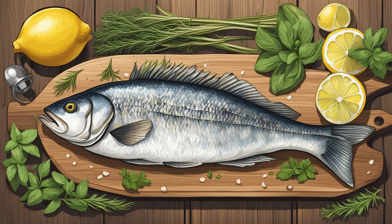 A whole fish lying on a wooden cutting board surrounded by fresh herbs, lemon slices, and seasonings. A skillet and utensils are nearby