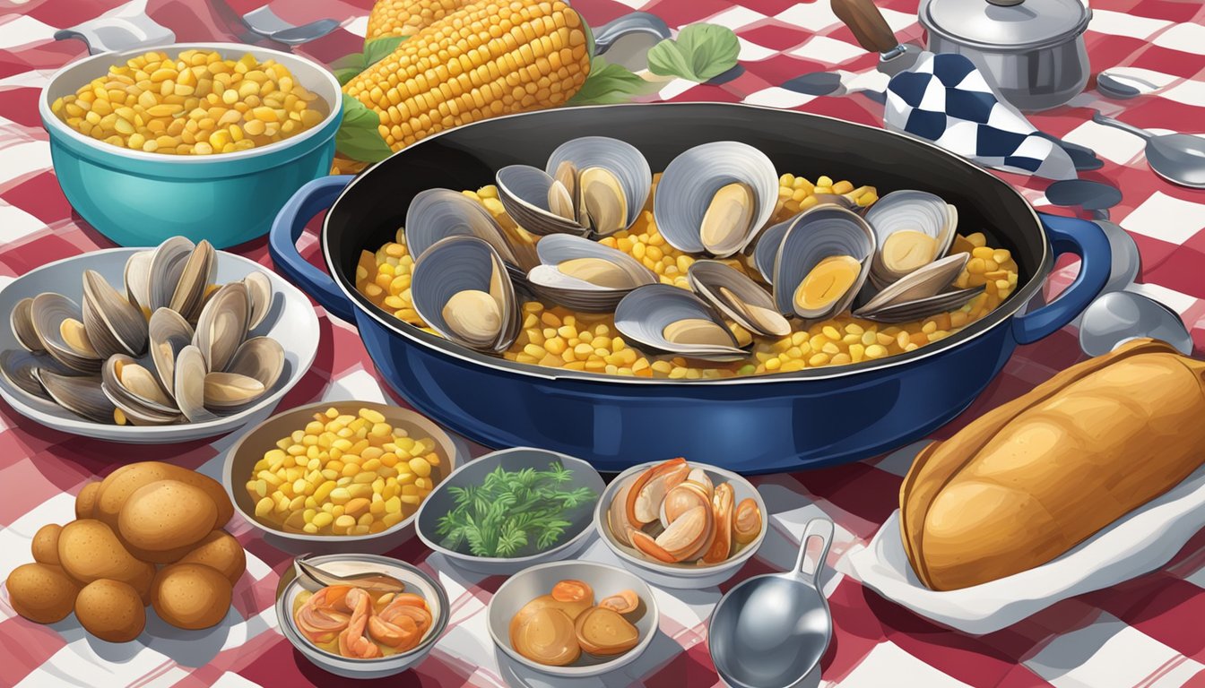 A steaming pot of clams, corn, and potatoes on a stovetop, surrounded by a checkered tablecloth and colorful seafood utensils