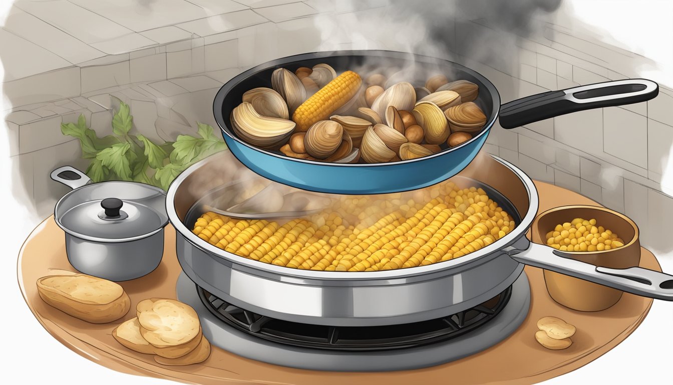 A pot filled with clams, corn, potatoes, and sausages simmering on a stovetop. Steam rising from the pot