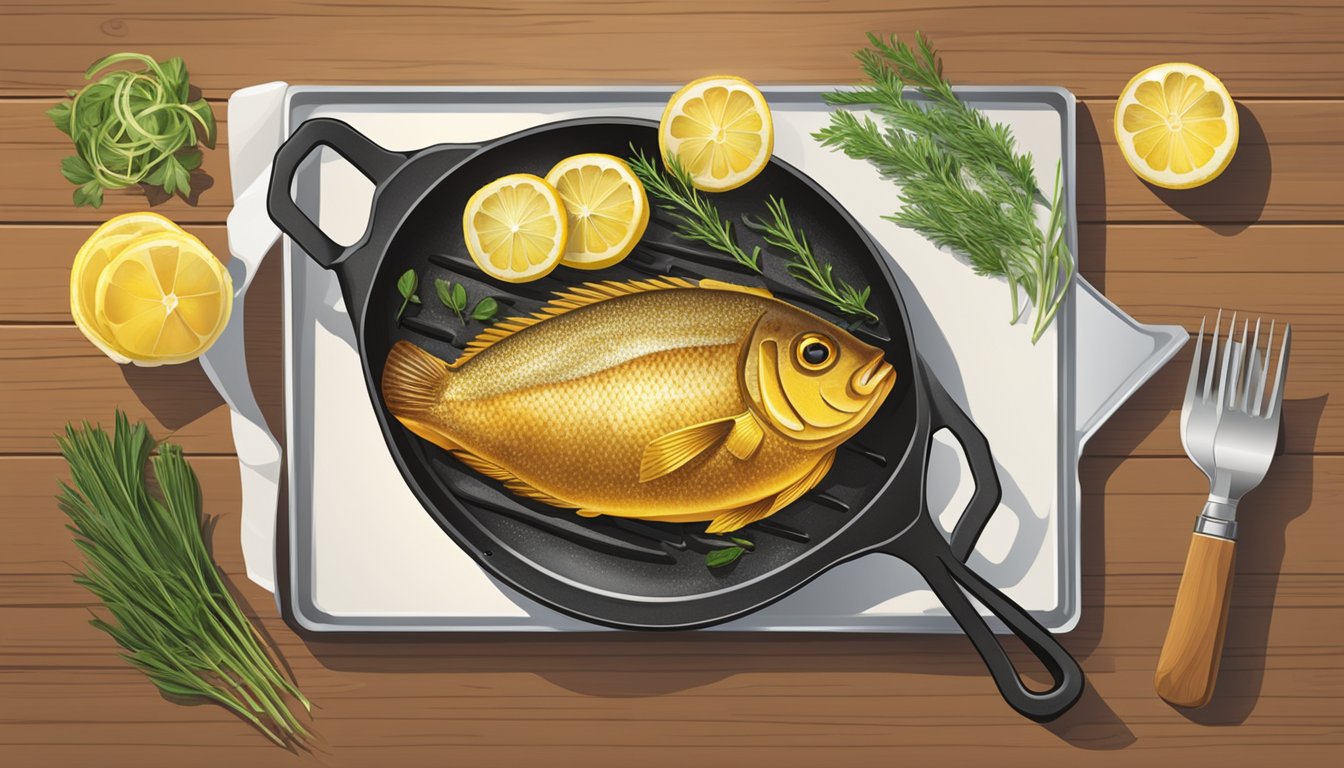 A sizzling skillet holds a golden-brown whole fish, garnished with fresh herbs and lemon slices, set on a wooden table