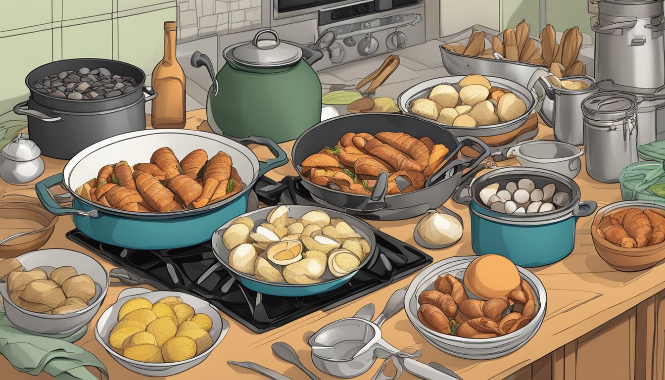 A stovetop clambake with pots, pans, and various ingredients scattered around a cluttered kitchen counter