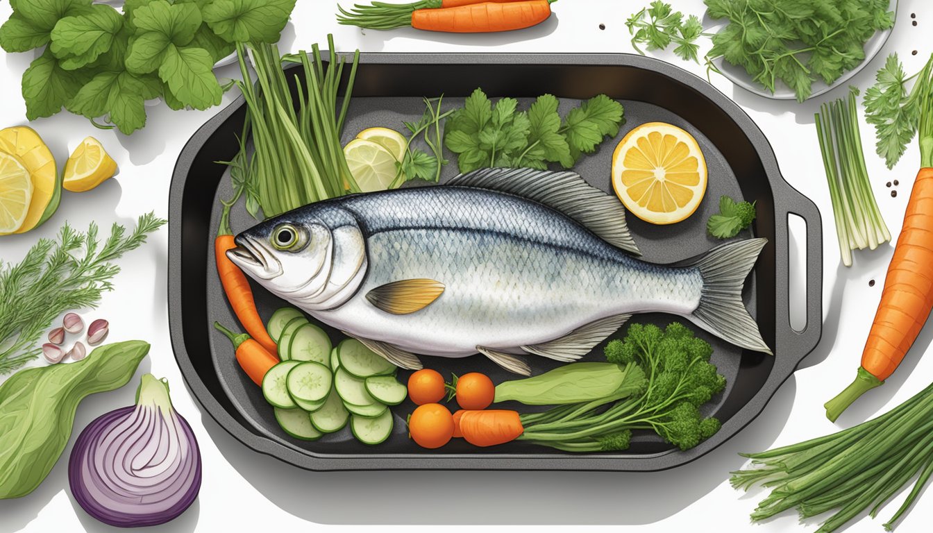 A whole fish sizzling in a skillet surrounded by fresh herbs and vegetables, with nutritional information displayed nearby