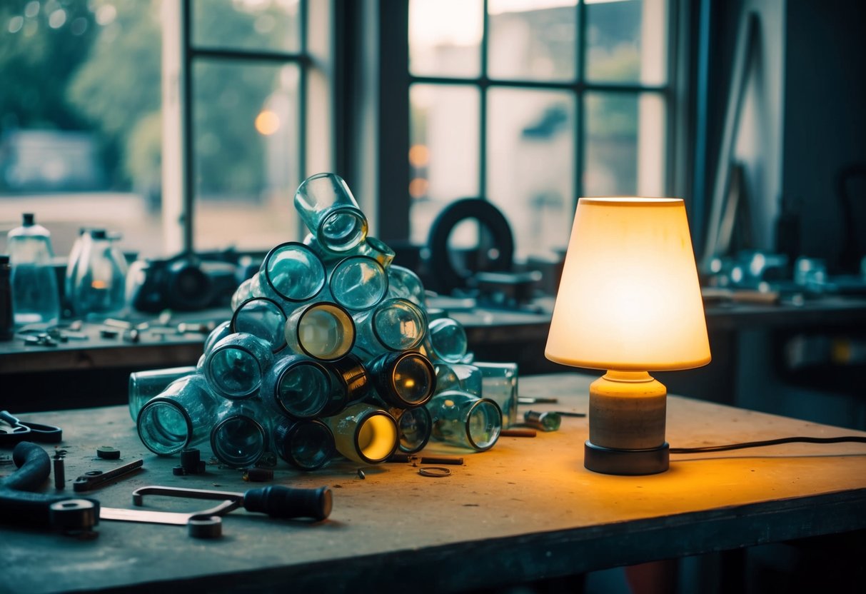Alte Brillen werden zu Lampen: Eine Werkbank mit Werkzeugen, ein Haufen verworfenem Glasgeschirr und eine fertige Lampe, die auf einem Tisch leuchtet.