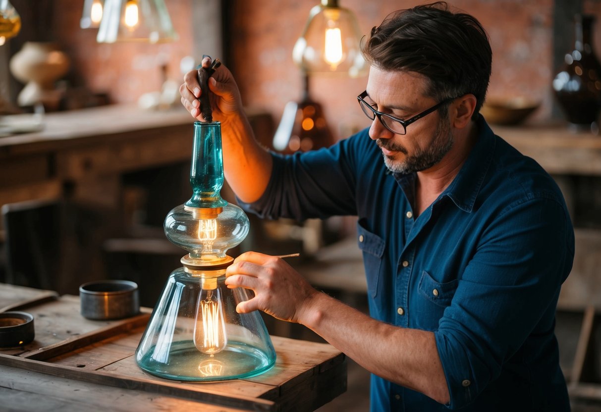 Ein Glasbläser, der alte Techniken verwendet, um Lampen aus altem Glas zu schaffen