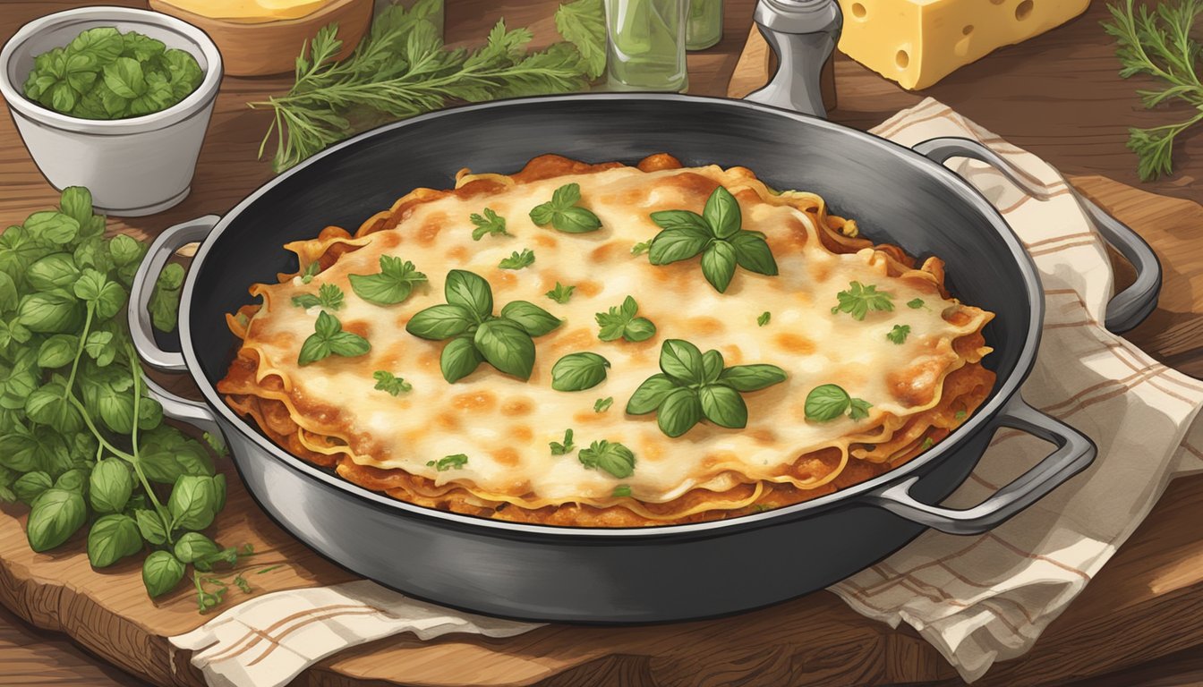 A steaming stovetop lasagna is being carefully lifted out of a deep skillet onto a rustic, wooden serving platter, surrounded by scattered fresh herbs and grated cheese