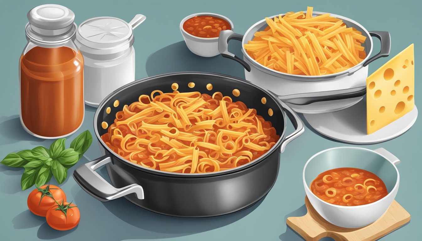 A pot of boiling water with ziti pasta, a pan of simmering tomato sauce, and a bowl of grated cheese on a kitchen counter