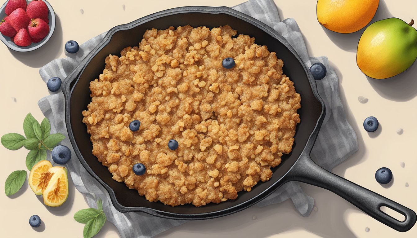 A bubbling stovetop fruit crisp in a cast iron skillet, with golden brown crumble topping and colorful fruit filling