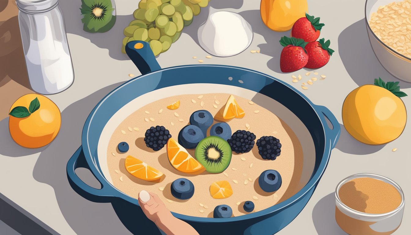 A hand reaching for a bowl of fresh fruit, oats, flour, and sugar on a kitchen counter, with a stovetop and skillet in the background