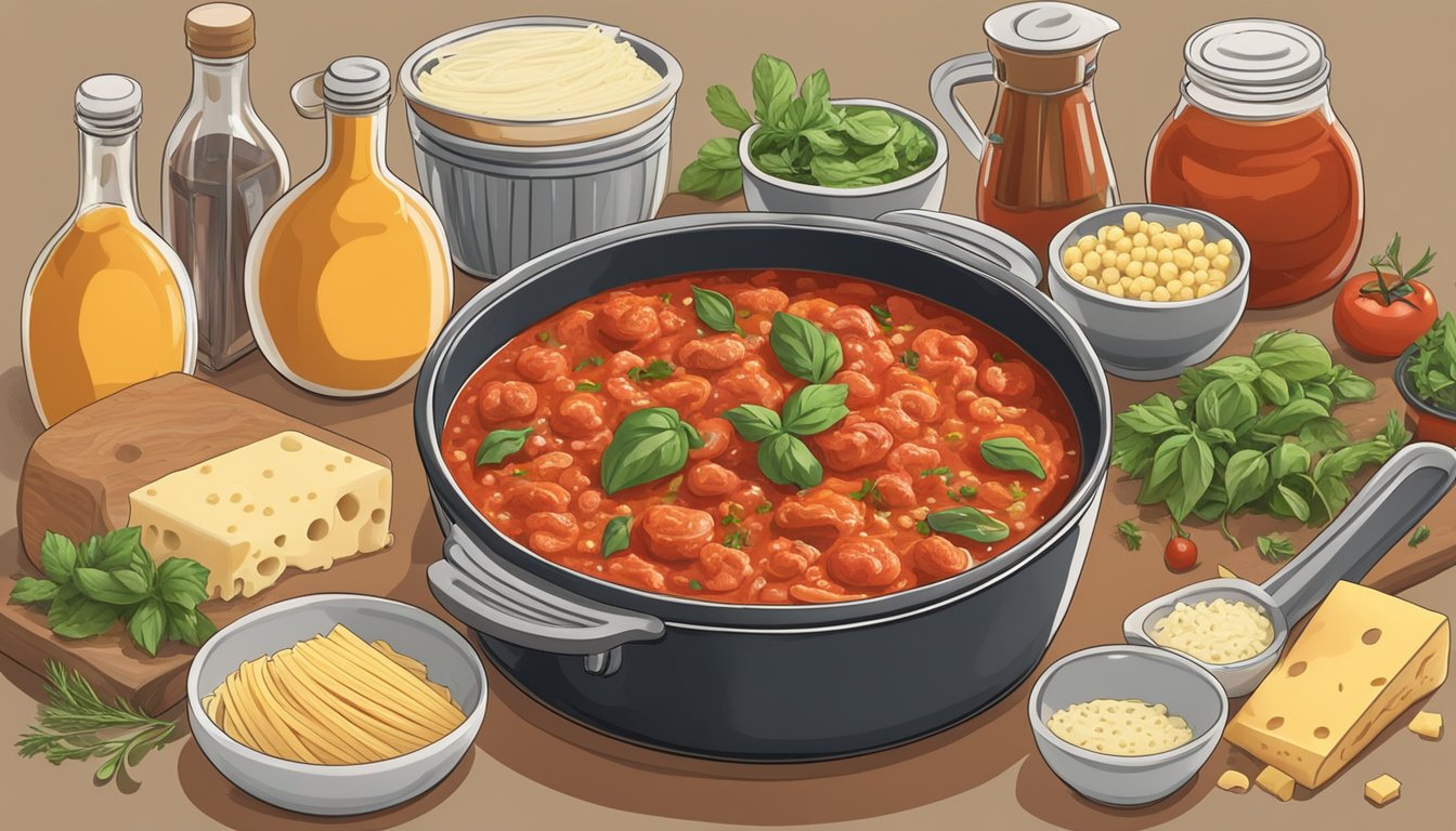 A pot of bubbling marinara sauce with a sprinkling of herbs and spices, surrounded by bowls of various cheeses, pasta, and additional ingredients