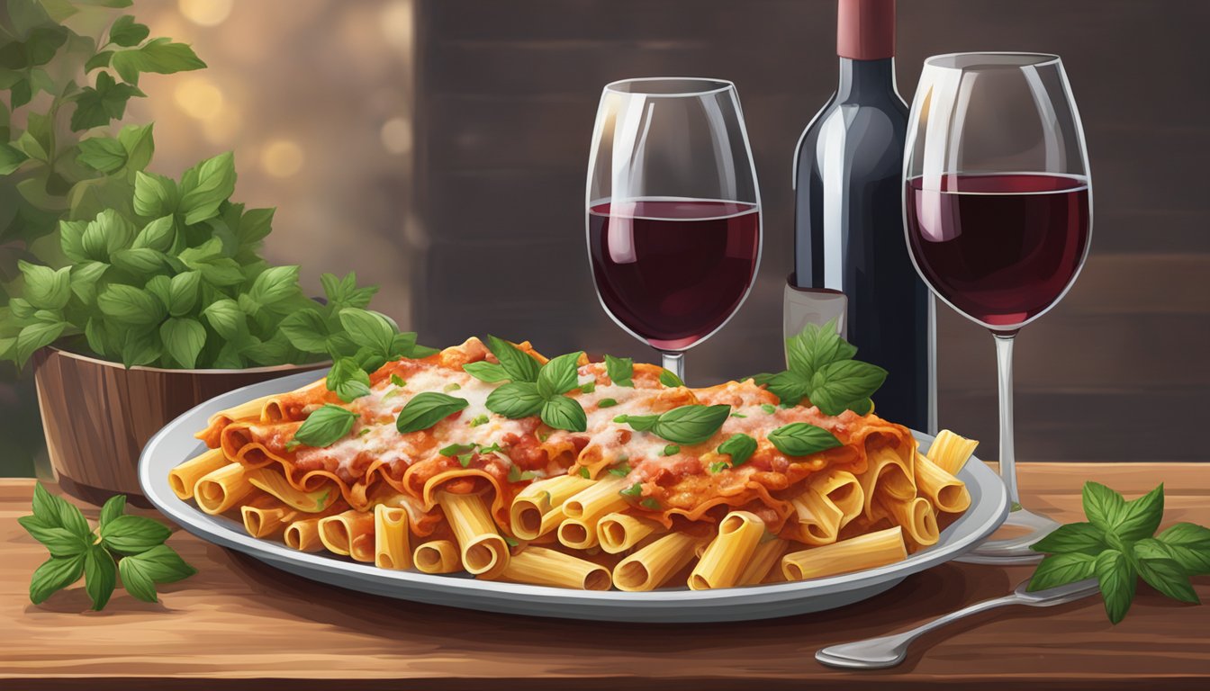 A steaming dish of baked ziti sits on a rustic wooden table, surrounded by fresh herbs, a bottle of red wine, and a pair of elegant wine glasses