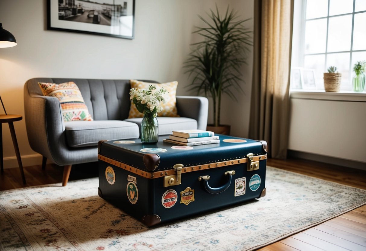 Ein vintage Koffer wird in einen stilvollen Couchtisch verwandelt, geschmückt mit retro Reisestickern und umfunktioniert zu einem einzigartigen Möbelstück.