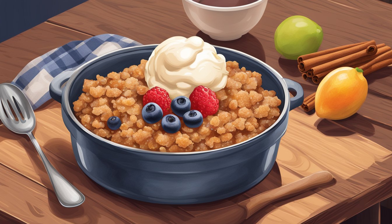 A rustic stovetop fruit crisp sits on a wooden table, surrounded by fresh berries, a scoop of vanilla ice cream, and a small bowl of cinnamon