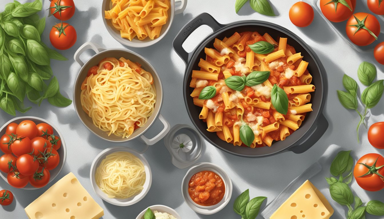 A bubbling pot of stovetop baked ziti, surrounded by fresh ingredients like tomatoes, basil, and cheese, with a steaming pot of boiling water on the side