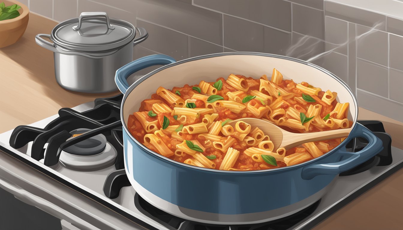 A pot of baked ziti sits on a stovetop, steam rising. A lid rests nearby, and a wooden spoon leans against the pot