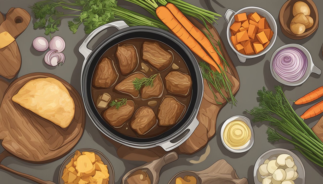 A stovetop pot roast simmering in a large pot with chunks of carrots, potatoes, and onions, surrounded by a rich, savory broth