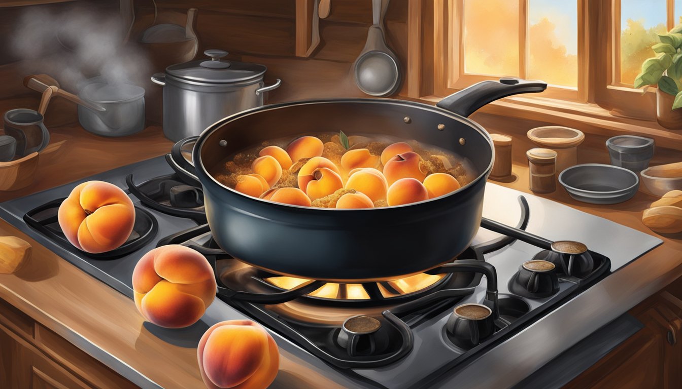 A bubbling pot of peaches, sugar, and spices sits atop a rustic stovetop, surrounded by the warm glow of a kitchen. A tantalizing aroma fills the air as the cobbler simmers to perfection