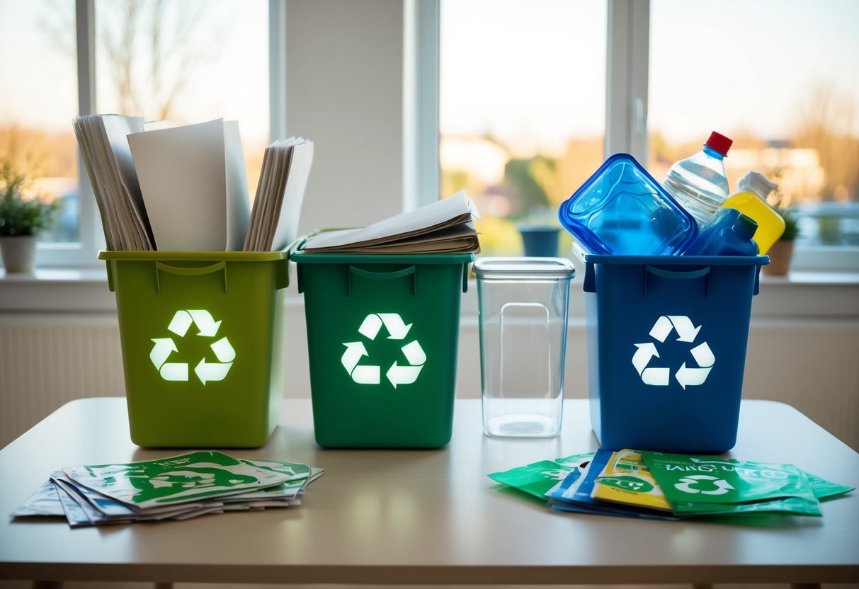 Ein Recyclingprojekt für zu Hause: Ein Tisch mit verschiedenen recycelbaren Gegenständen (Papier, Plastik, Glas), die in separate Behälter sortiert sind, mit einem sichtbaren Recycling-Symbol.