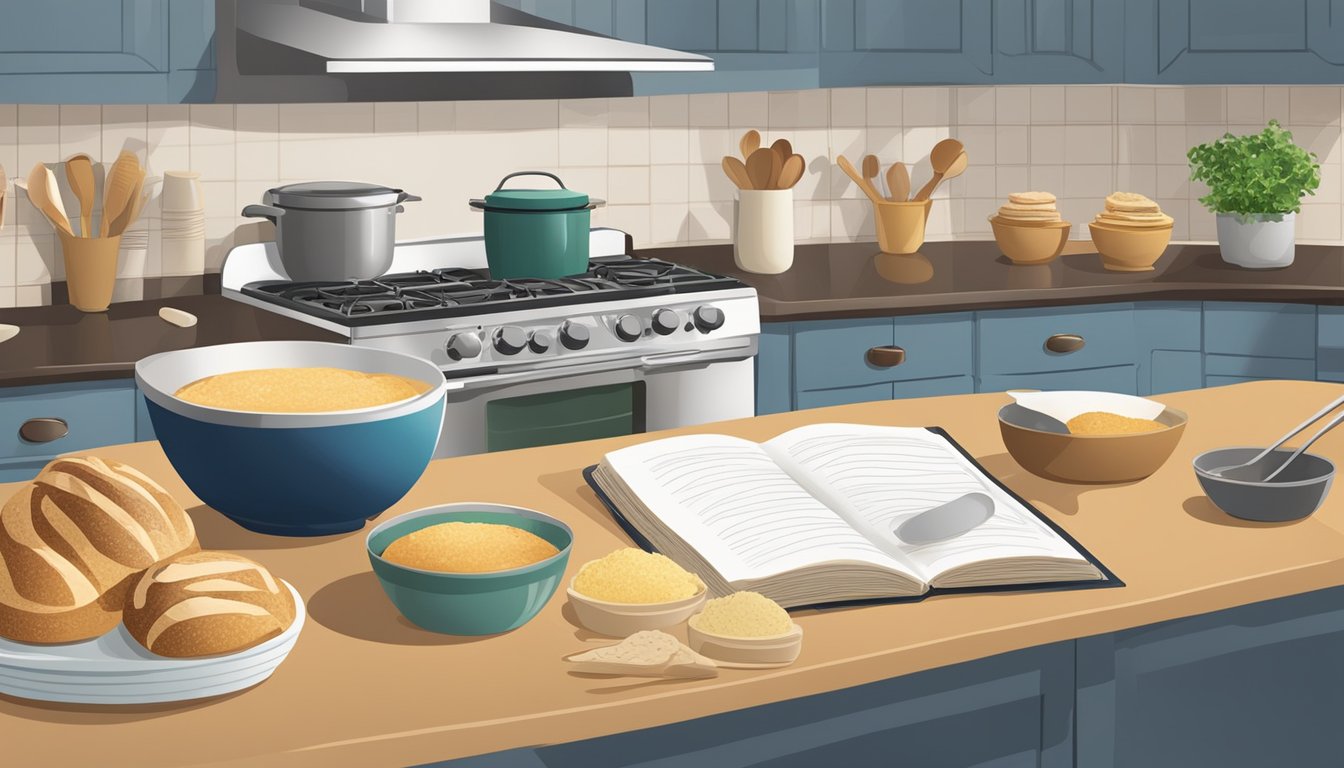 A kitchen counter with assorted baking ingredients, mixing bowls, and a recipe book open to a page on stovetop baking