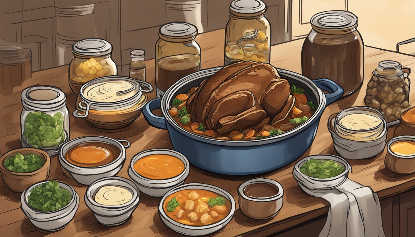 A bubbling pot roast simmers in a pot, surrounded by jars of savory gravy and sauces