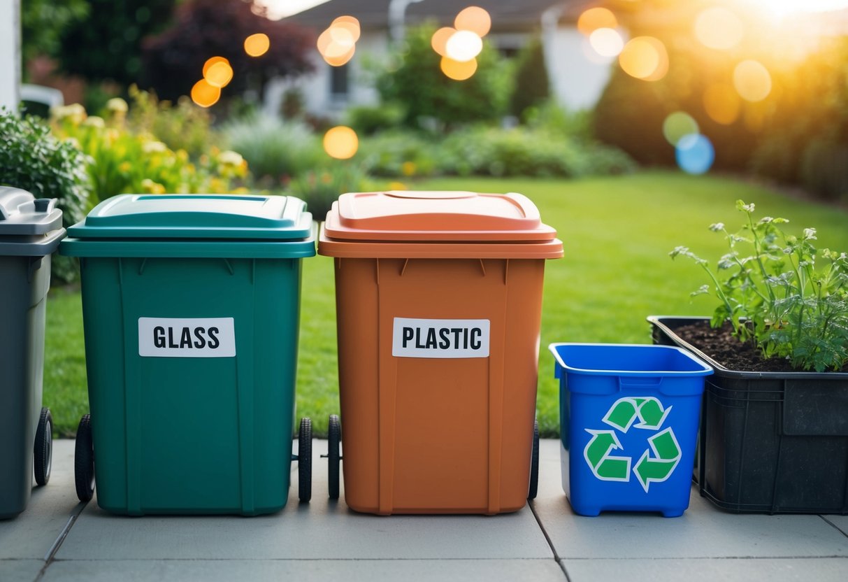 Ein Recyclingprojekt zu Hause mit separaten Behältern für Glas, Plastik und Papier, neben einem Kompostbehälter und einem kleinen Garten