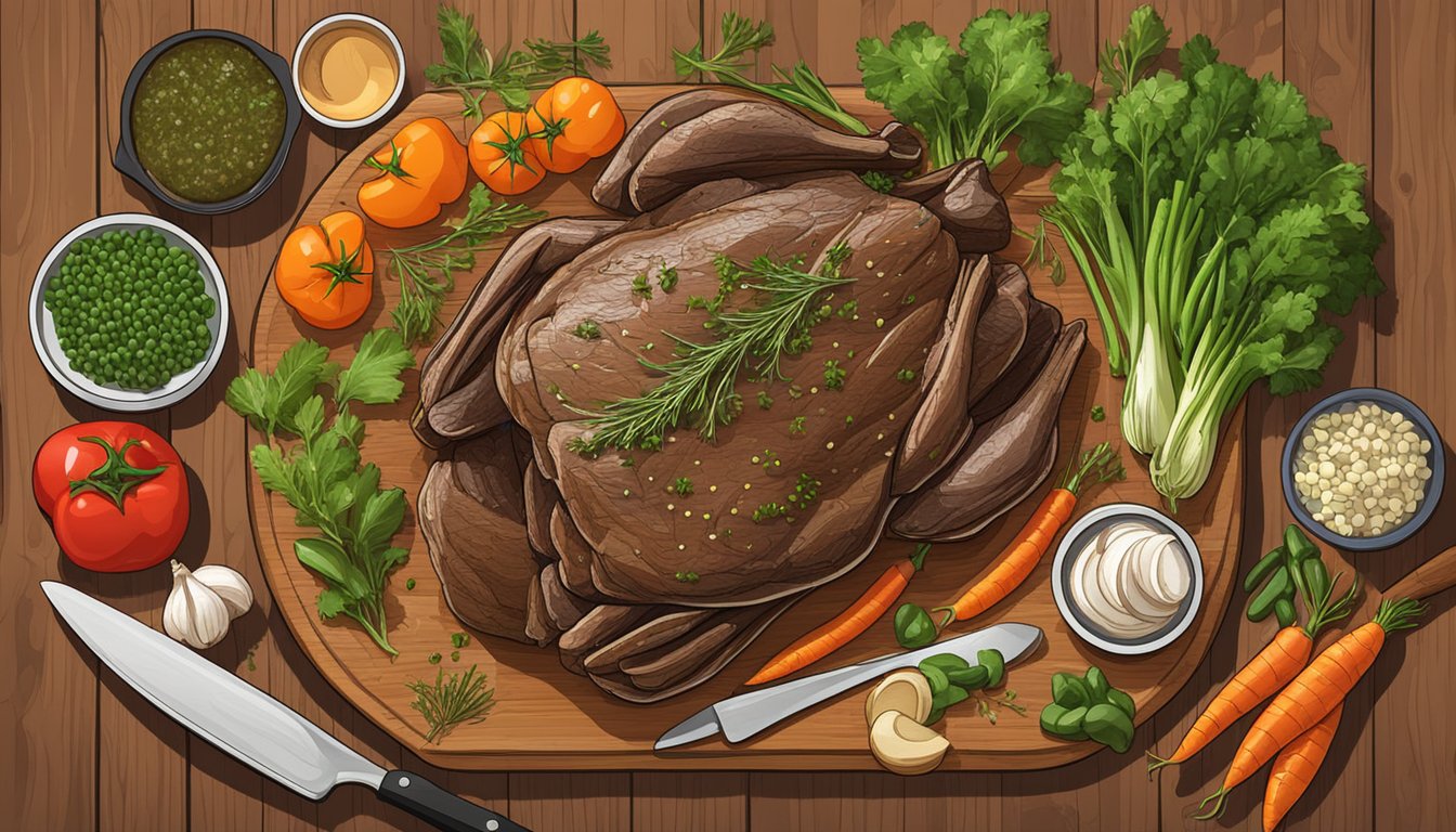 A stovetop pot roast surrounded by various fresh vegetables and herbs on a wooden cutting board