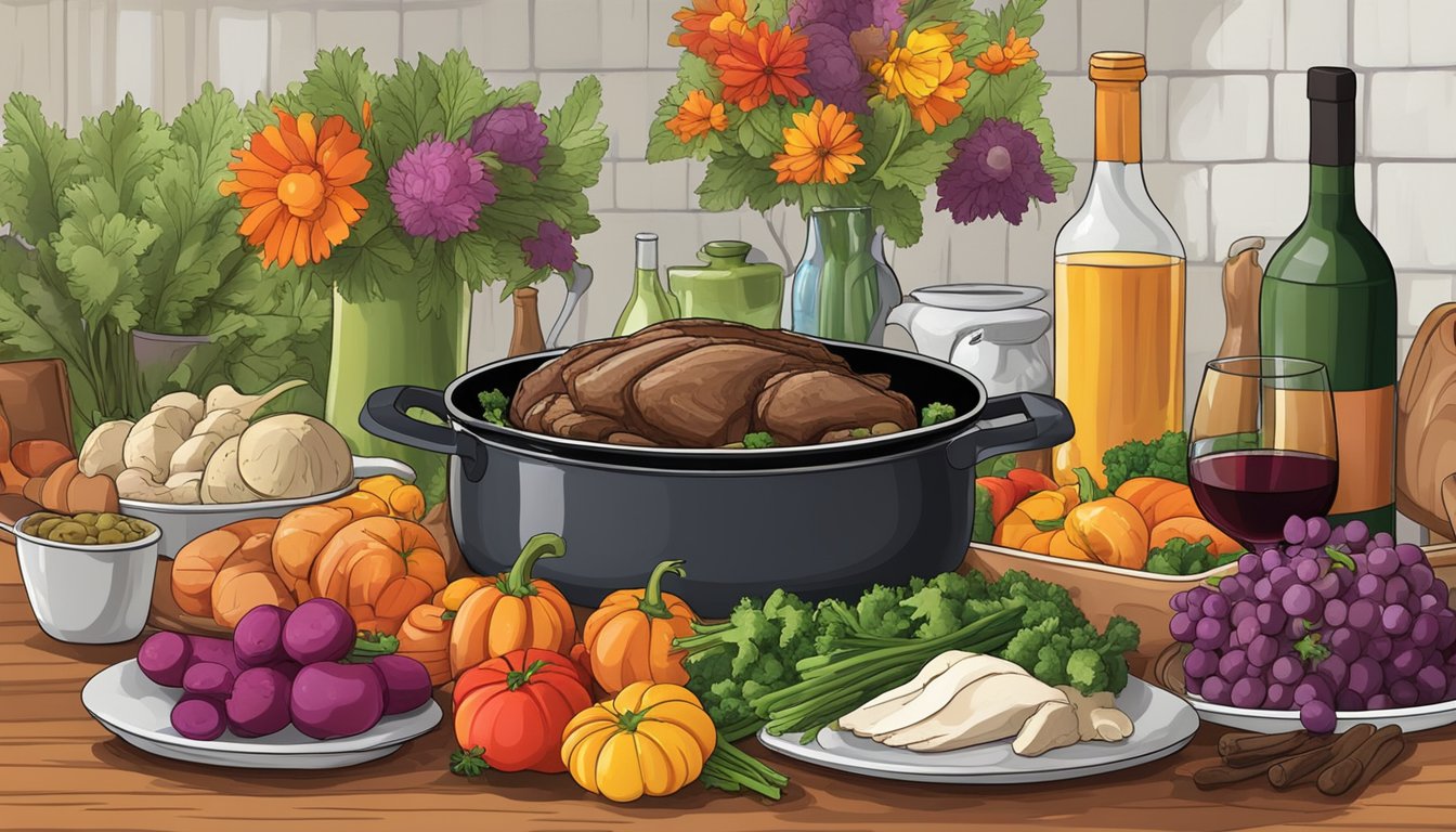 A rustic kitchen table set with a steaming stovetop pot roast, surrounded by a variety of colorful vegetables and a bottle of red wine