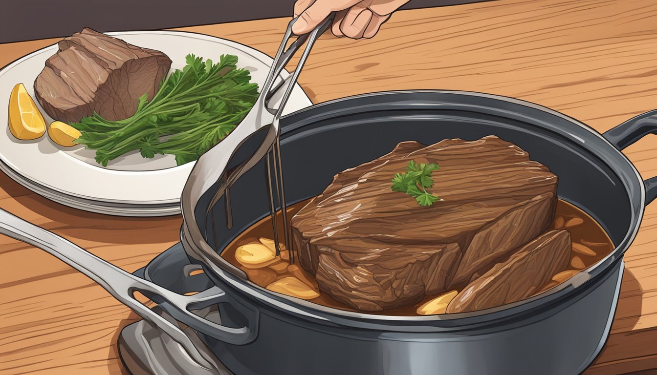 A stovetop pot roast sits on a wooden cutting board next to a pot of simmering broth. A pair of tongs lifts a tender piece of meat from the pot