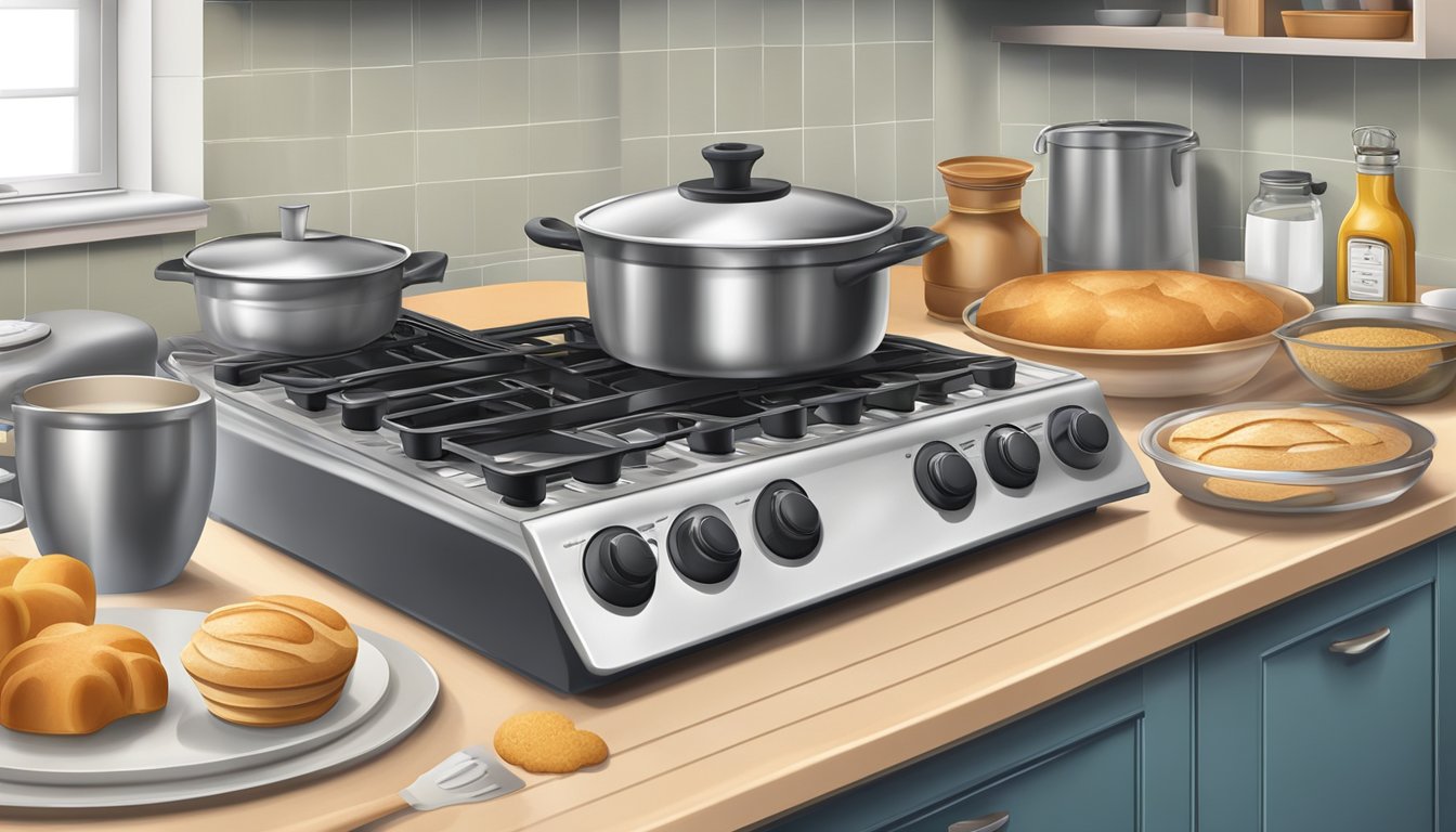 A variety of stovetop baking equipment and ingredients arranged on a kitchen counter, with a stovetop and oven in the background