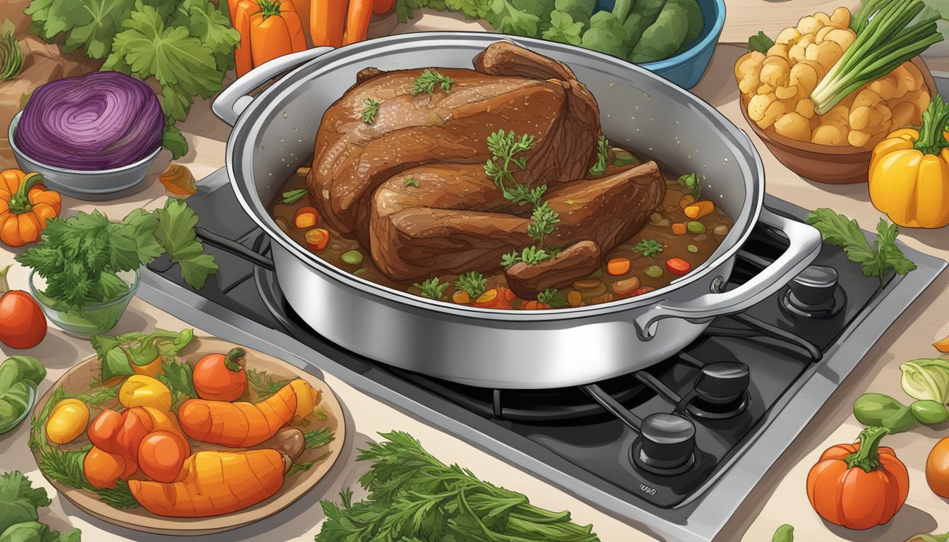 A bubbling pot roast simmers on the stovetop, surrounded by colorful vegetables and herbs. The steam rises as the savory aroma fills the kitchen