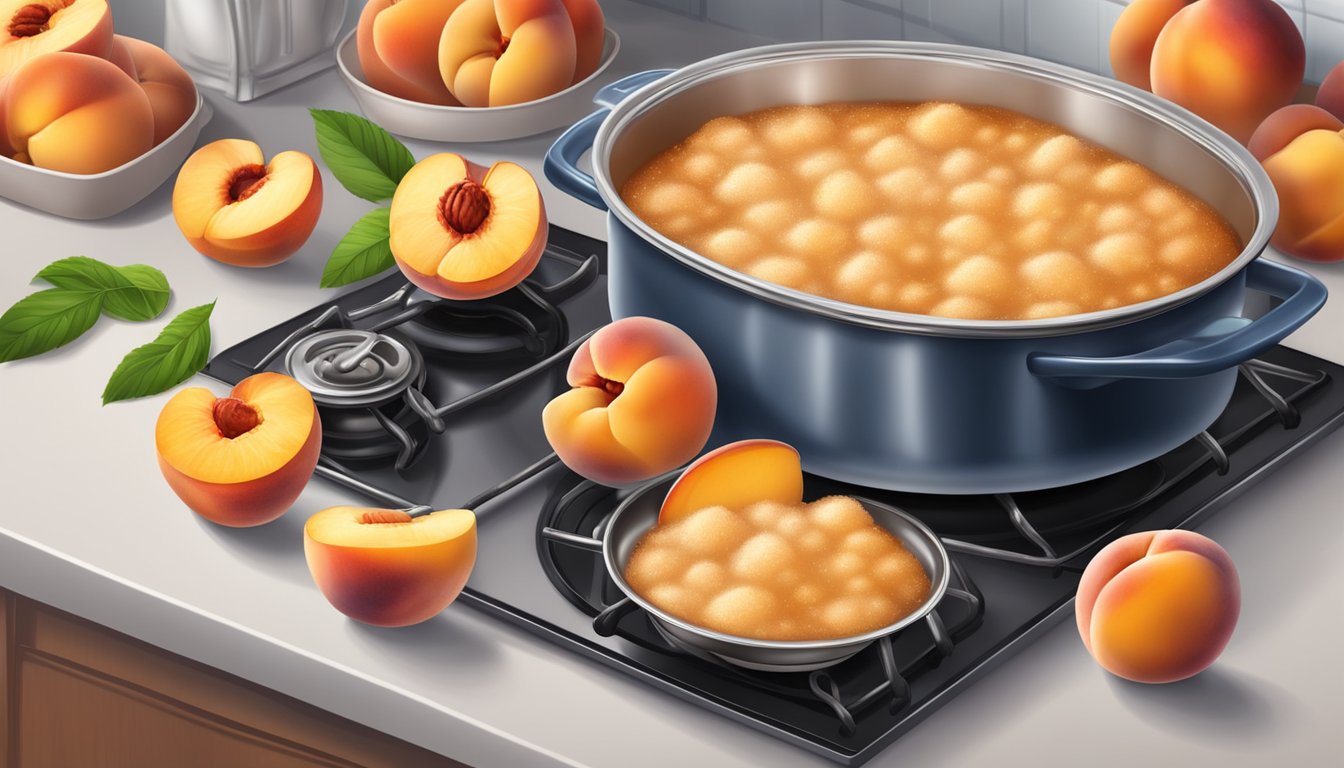 A bubbling pot of peach cobbler simmers on a stovetop, filling the kitchen with the sweet aroma of baked peaches and cinnamon