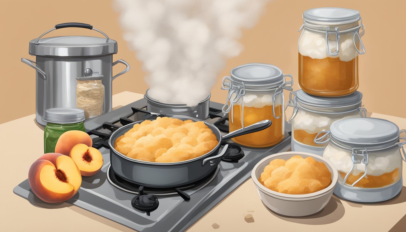 A bubbling peach cobbler sits on a stovetop, surrounded by jars of preserves and bags of flour