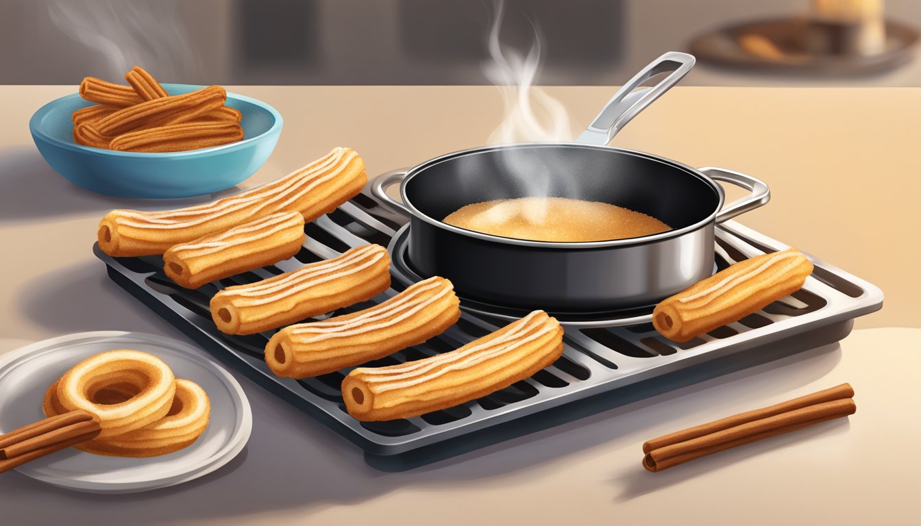 A stovetop with sizzling oil, a piping bag filled with churro dough, and a plate of freshly fried churros dusted with cinnamon sugar