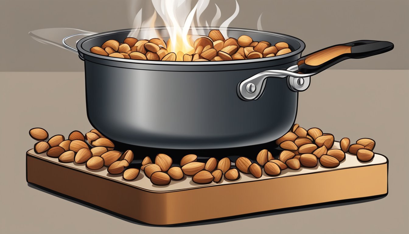 Nuts sizzle in a pan over a gas flame, releasing a warm, toasty aroma