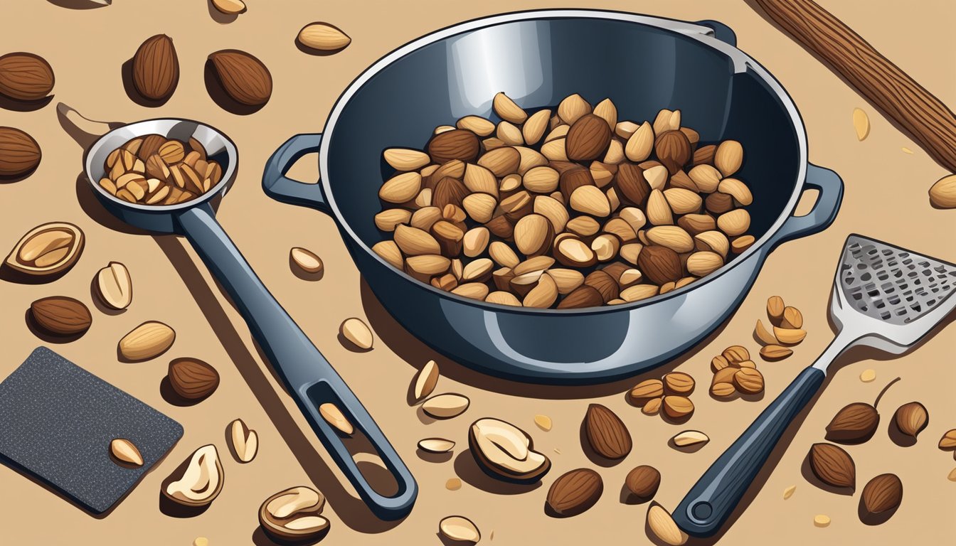 A variety of nuts are scattered on a stovetop, with a skillet and spatula nearby for toasting