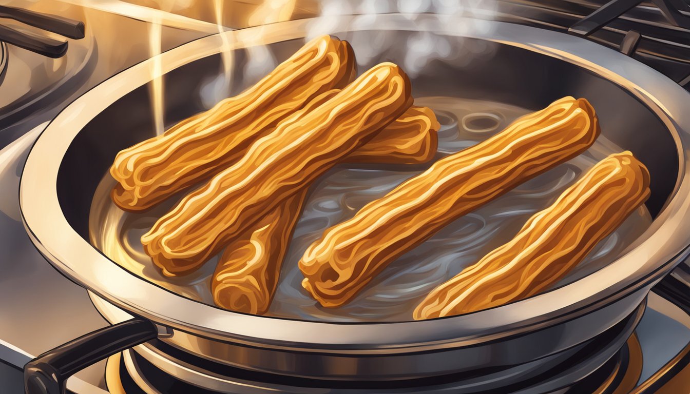 Golden churros sizzle in bubbling oil on a stovetop, steam rising as they turn crispy and brown