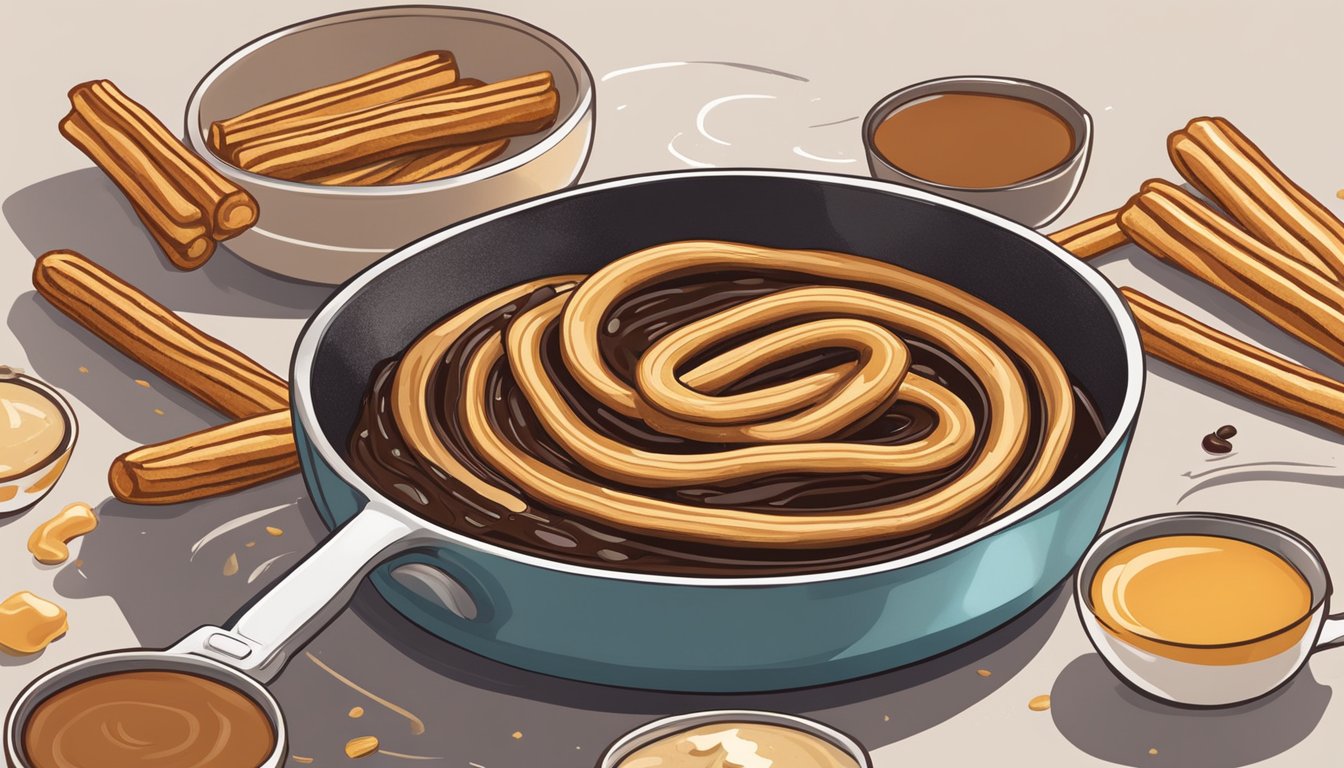 Golden churros sizzling in a pan, surrounded by bowls of various toppings like cinnamon sugar, chocolate sauce, and caramel drizzle