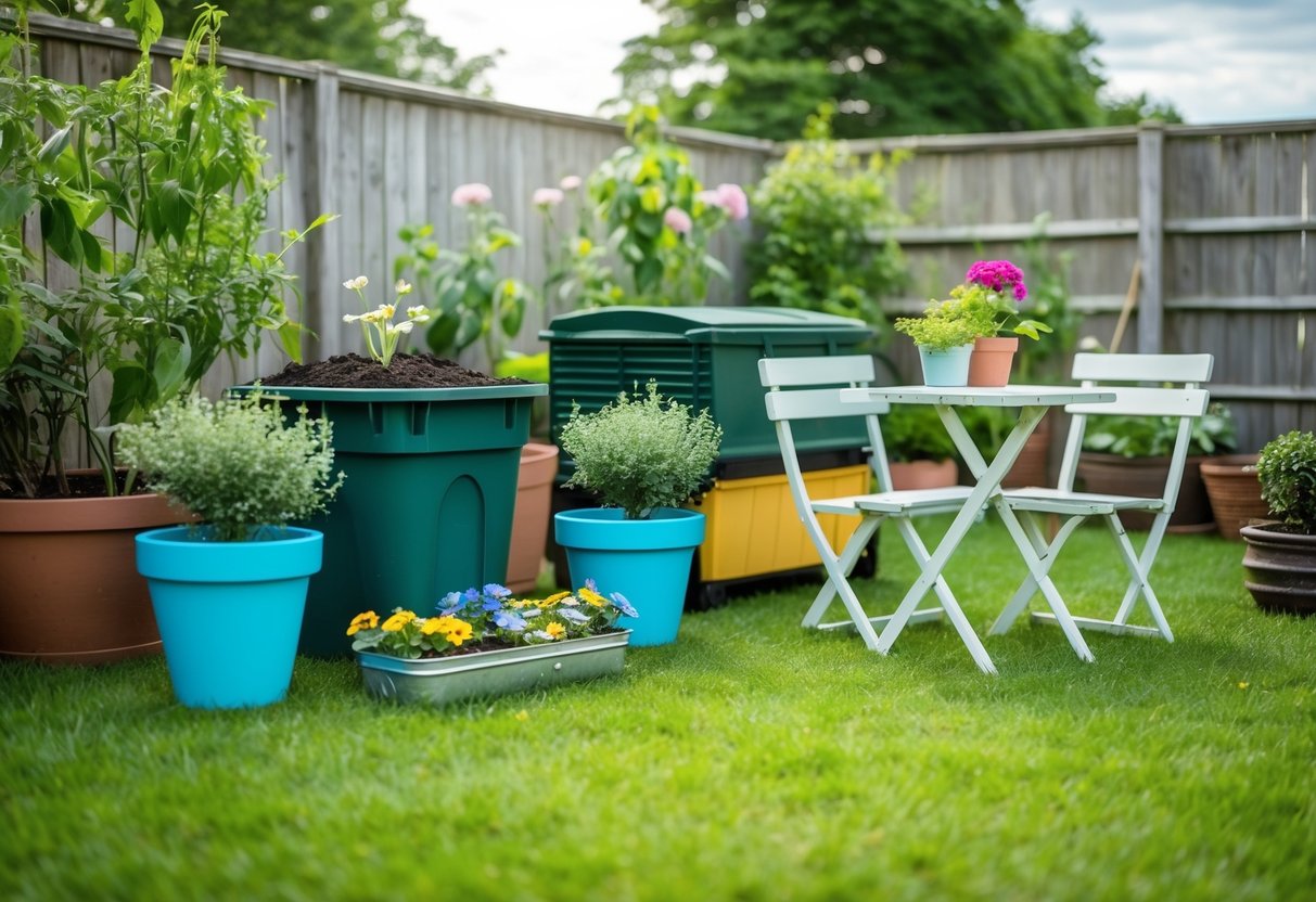 Eine Gartenszene mit wiederverwendeten Gegenständen als Pflanzgefäßen, einem Kompostbehälter und DIY-Gartenmöbeln aus recycelten Materialien