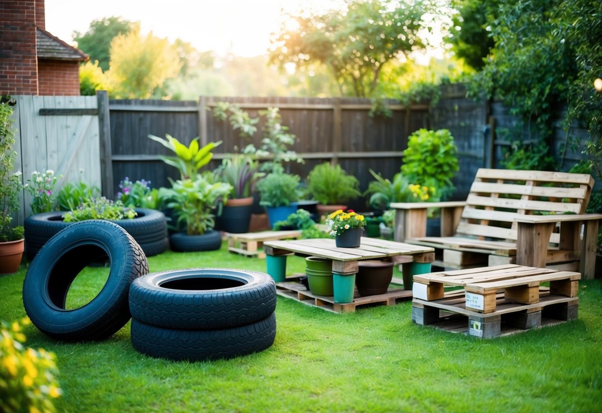 Ein Garten, der mit kreativ aufgewerteten Gegenständen gefüllt ist, wie alten Reifen, die zu Pflanzgefäßen umfunktioniert wurden, und umfunktionierten Paletten, die als Gartenmöbel verwendet werden.