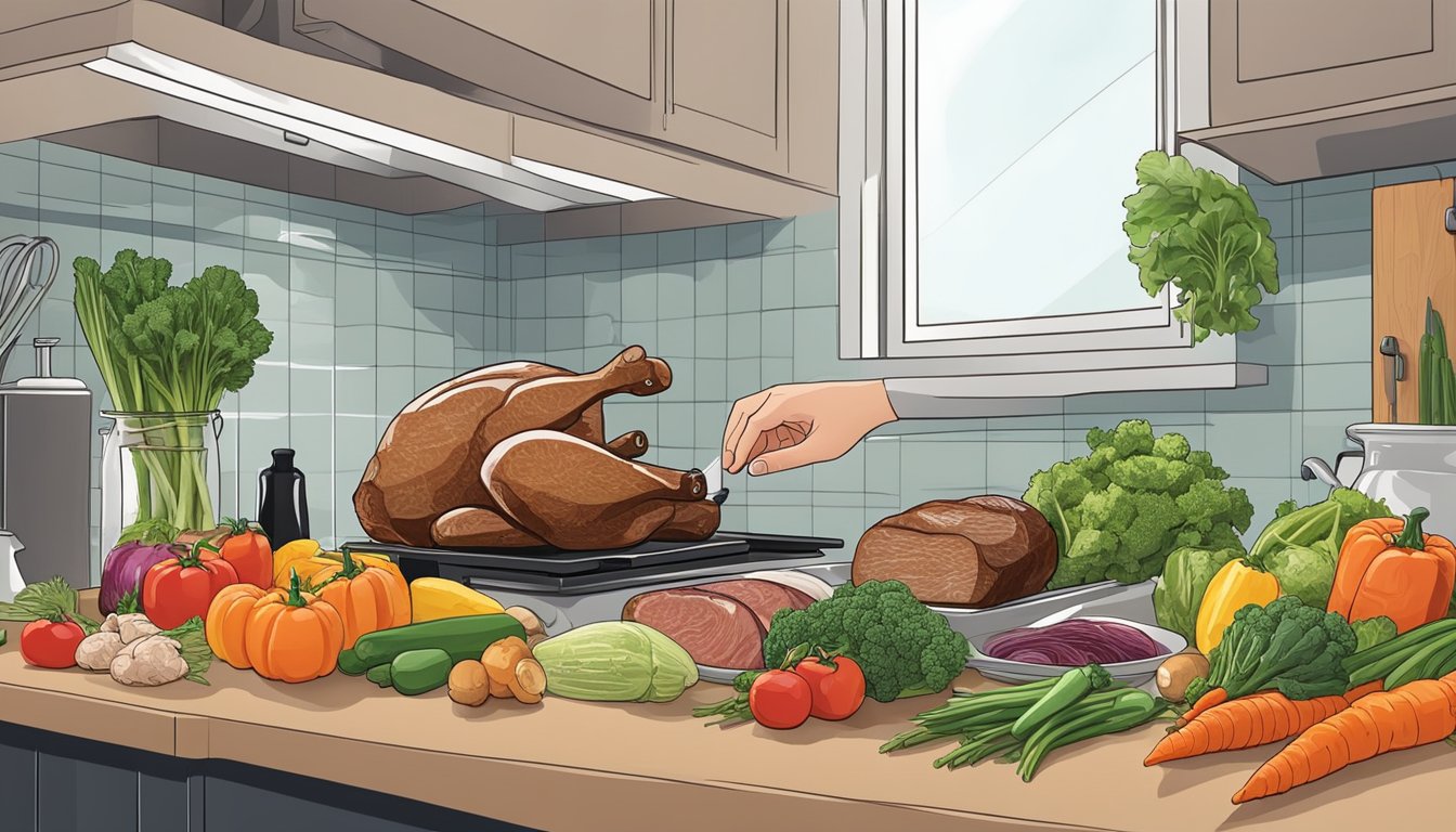 A hand reaches for a selection of fresh ingredients on a kitchen counter, including various vegetables and cuts of meat, for a stovetop roast