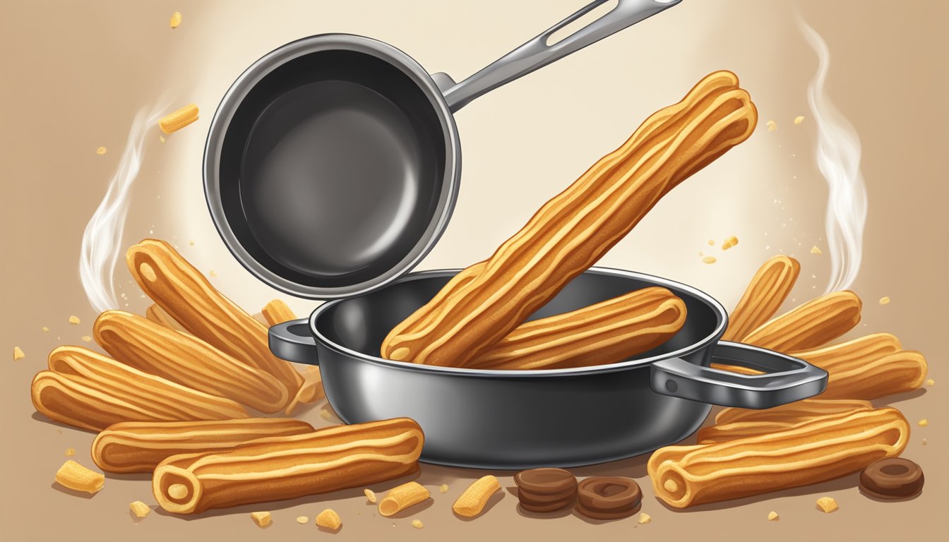 Golden churros frying in a pan, steam rising, surrounded by ingredients like sugar and cinnamon