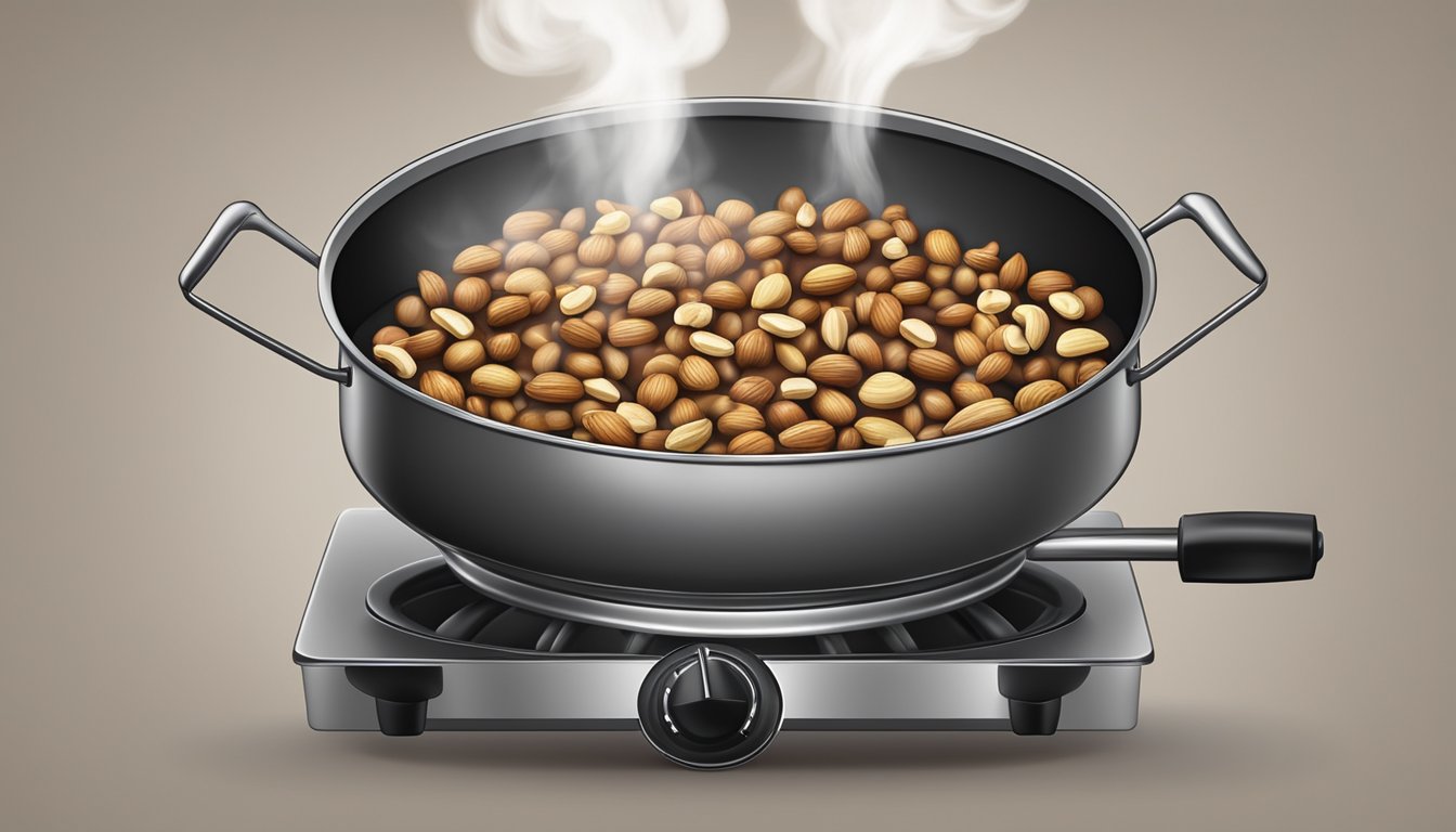 Nuts roasting on a stovetop in a metal pan with steam rising