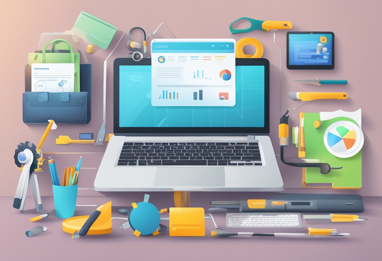 Upgrade Your Website 3 A laptop surrounded by various tools and resources, with a progress bar showing an increase in website traffic